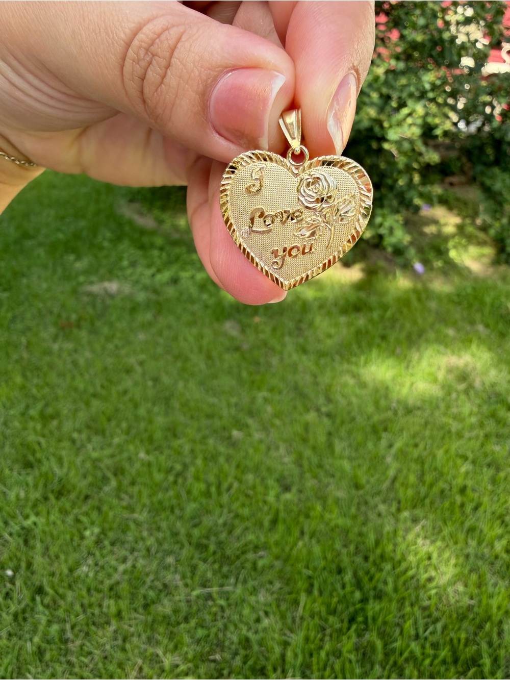14K Yellow Gold  Heart Pendant Necklace with Rose and "I Love You" Engraving -